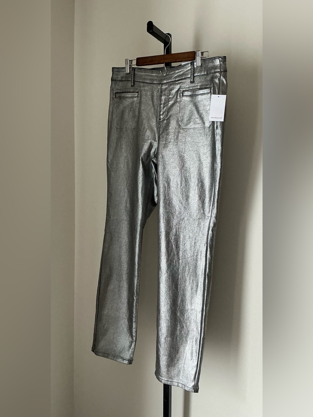 🆕 Westbound | Coated Silver High Rise Patch Pocket Straight Leg Pull-On Pants